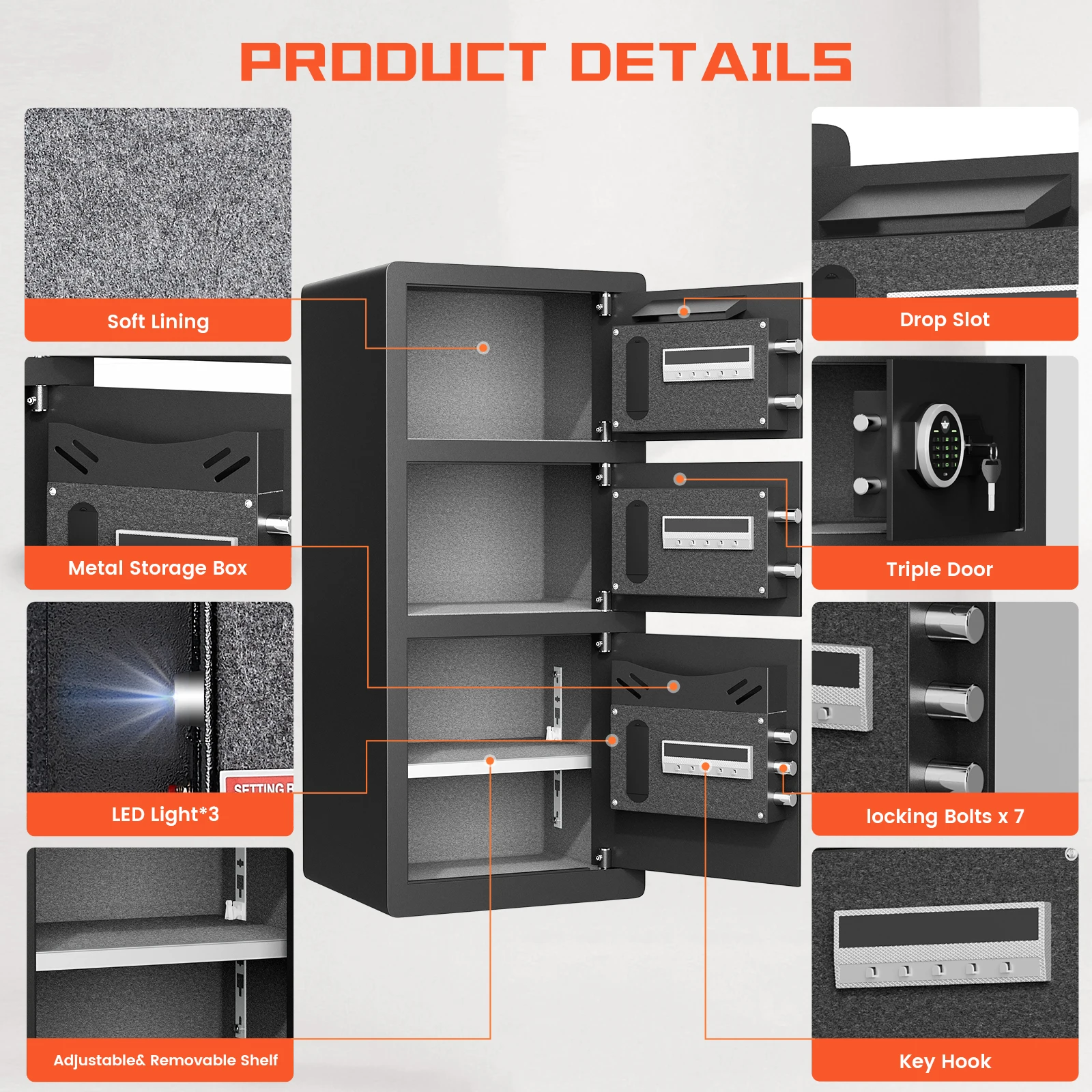 0 Cub Extra Large Home Safe Box Fireproof Waterproof 5 | PricZone Diagram of a safe with orange callouts labeling features soft lining drop slot metal storage box triple door LED light adjustableremovable shelf and key hook | PricZone