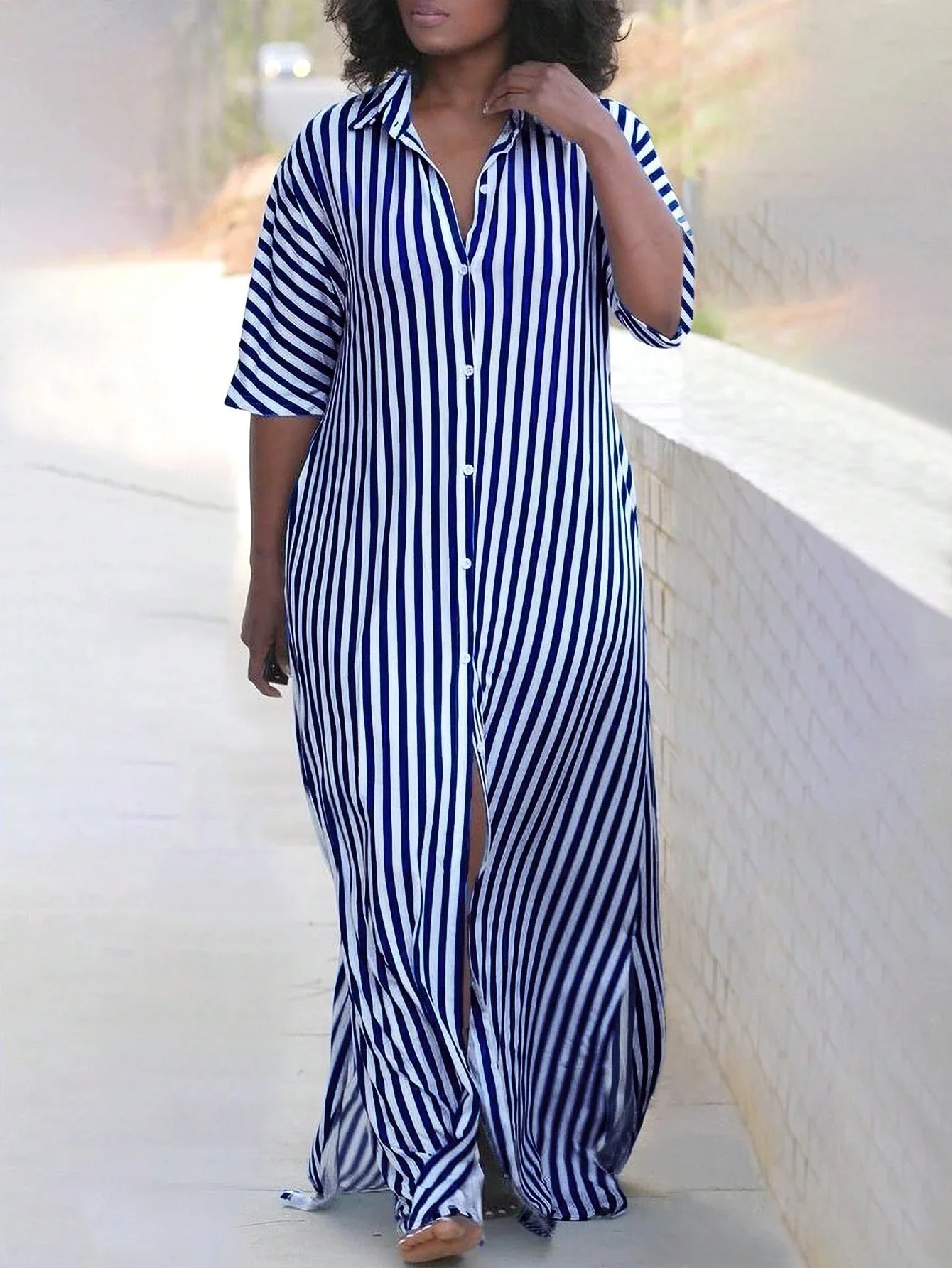 Plus Size Striped Shirt Dress with Side Slit 3 | PricZone Plus Size Striped Shirt Dress with Side Slit 3 | PricZone