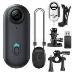 Gimbal stabilizer with lens on left and assorted accessories cables clamp tripod phone mount arranged in a kit image to show contents | PricZone