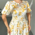 Plus Size Floral Print Midi Dress with Puff Sleeves 3 | PricZone Plus Size Floral Print Midi Dress with Puff Sleeves 3 | PricZone