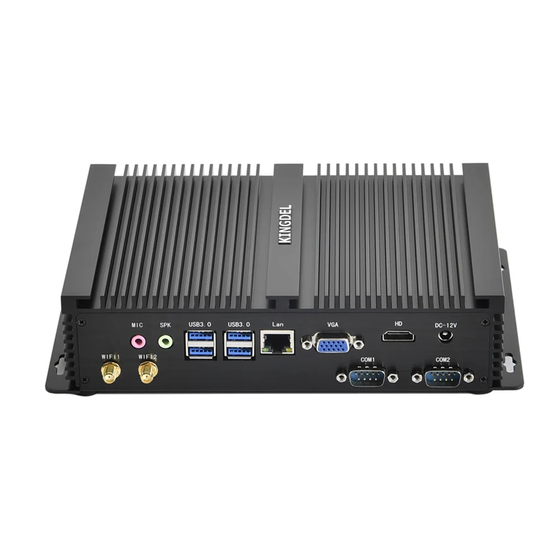 12Th Gen Fanless Mini PC I7 1255U Desktop Computer 2 | PricZone Rear panel of a compact industrial PC with audio jacks USB 30 ports LAN VGA HDMI COM ports and DC power input Kingdel | PricZone