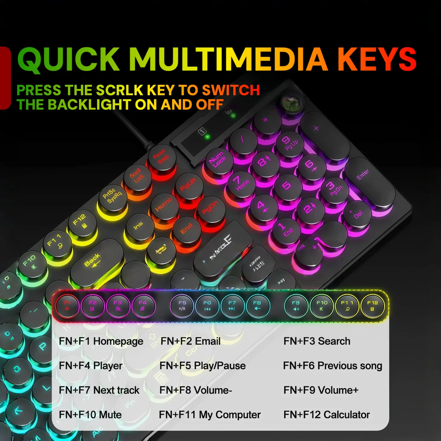 Colorful backlit keyboard with a large overlay reading 'Quick Multimedia Keys' and instructions about switching backlight; shows a grid of function-key shortcuts (FN + F1–F12) for quick media control.