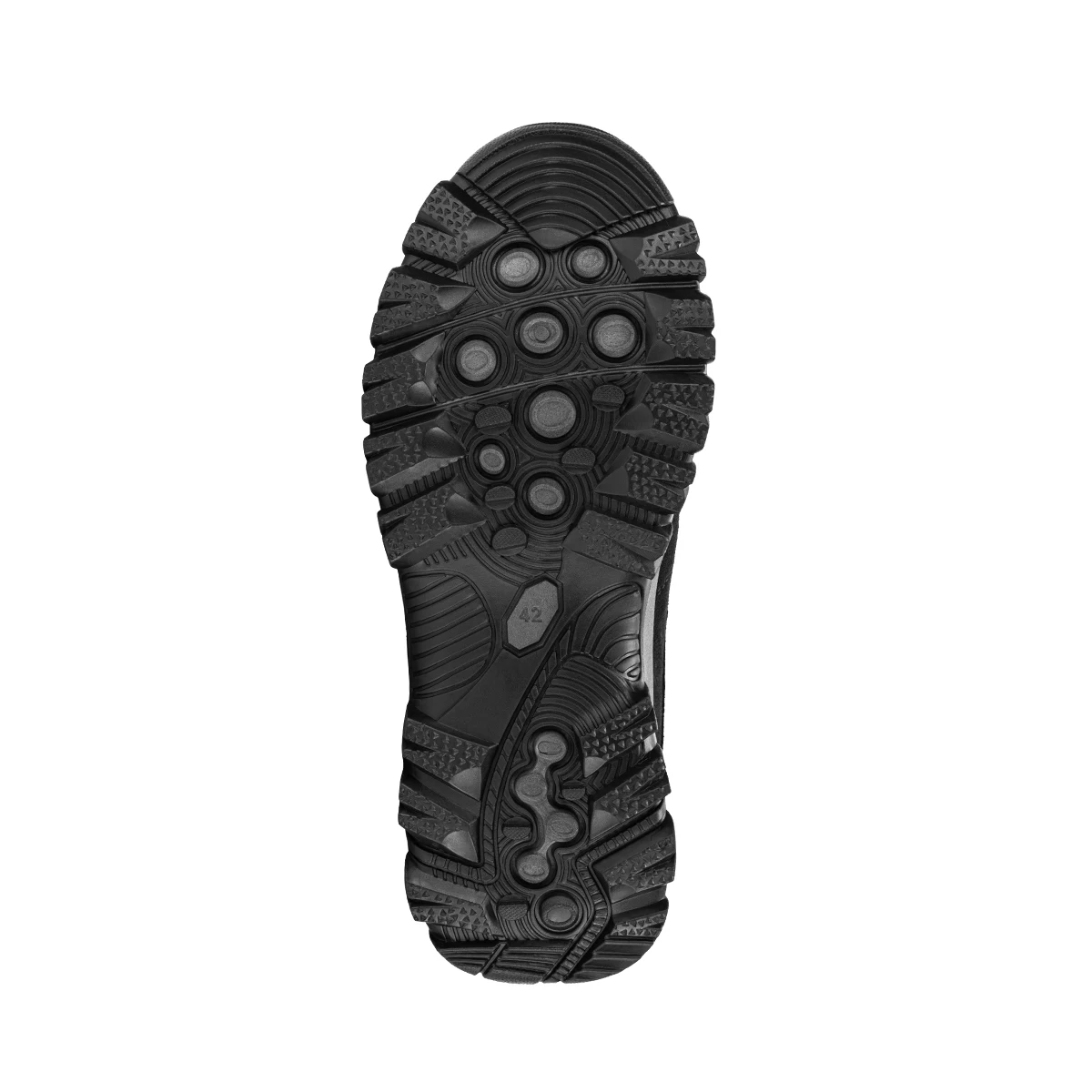Black rugged outsole with deep lugs and circular tread pattern, shoe size 42 visible