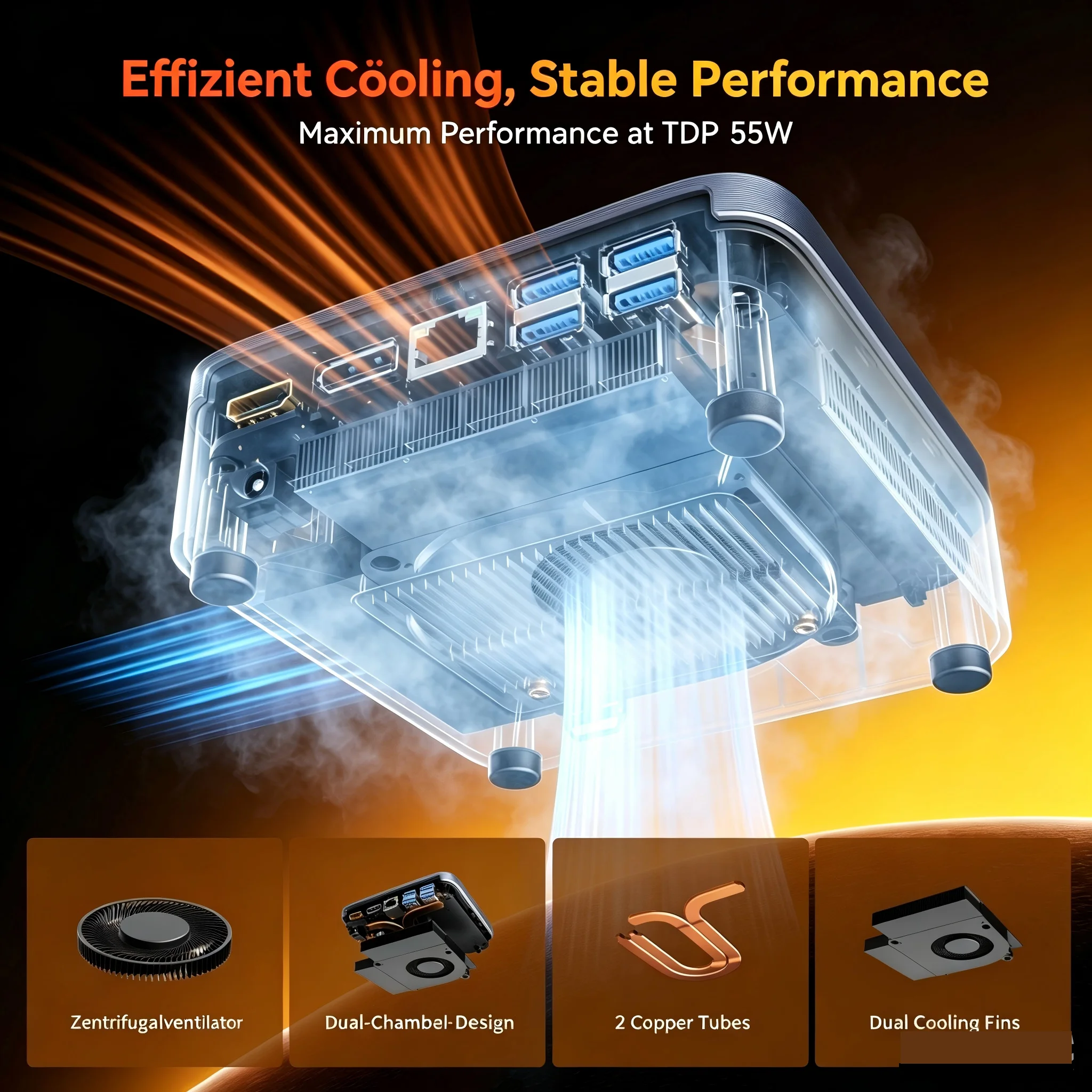 Promotional image of a cooling module with inner components, featuring a cross-section and the text: 'Efficient Cooling, Stable Performance' and 'Maximum Performance at TDP 55W.'