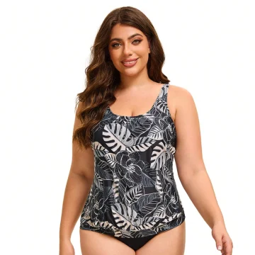 Plus Size Tropical Leaf Print One Piece Swimsuit with Tummy 1