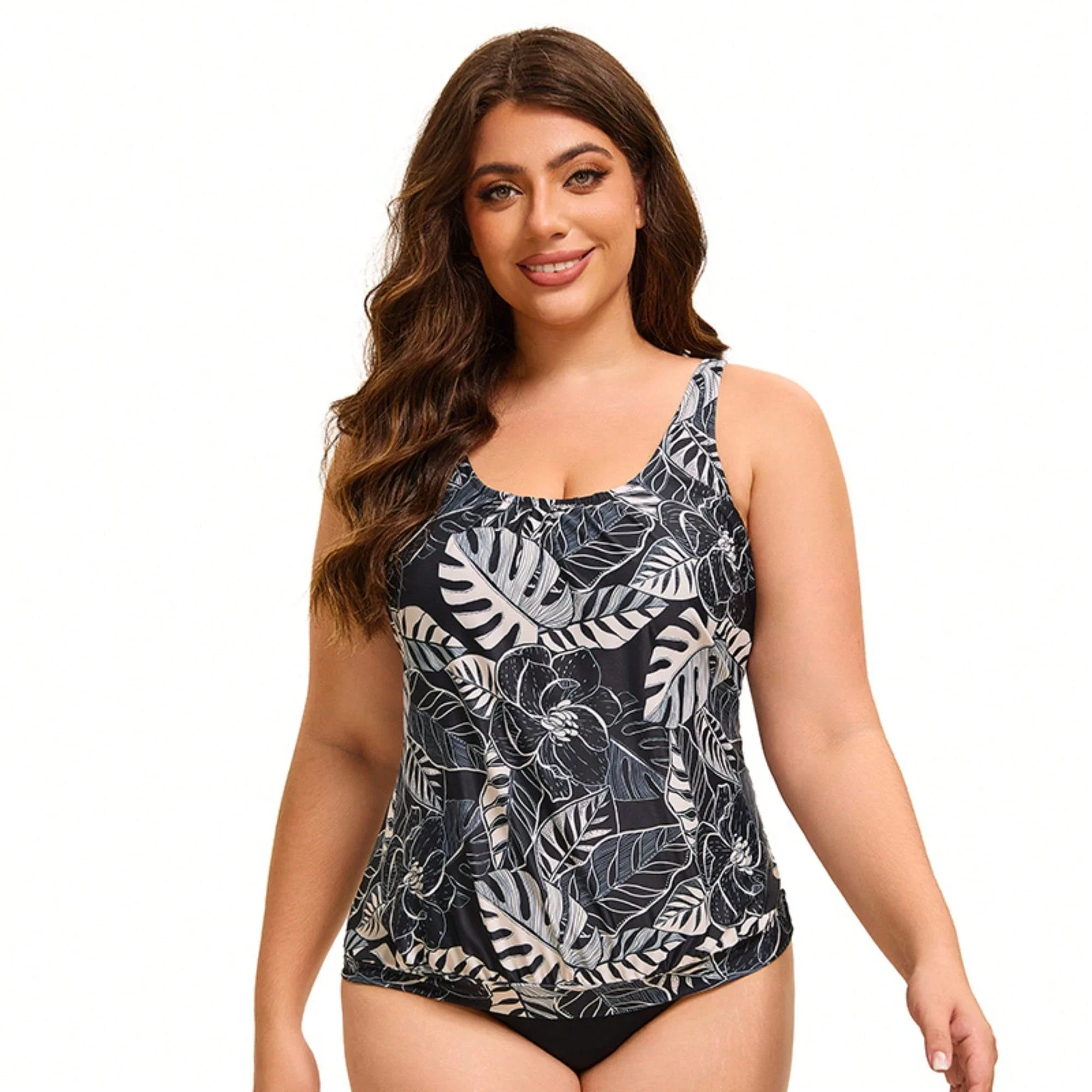 Plus Size Tropical Leaf Print One Piece Swimsuit with Tummy 1 | PricZone Plus Size Tropical Leaf Print One Piece Swimsuit with Tummy 1 | PricZone