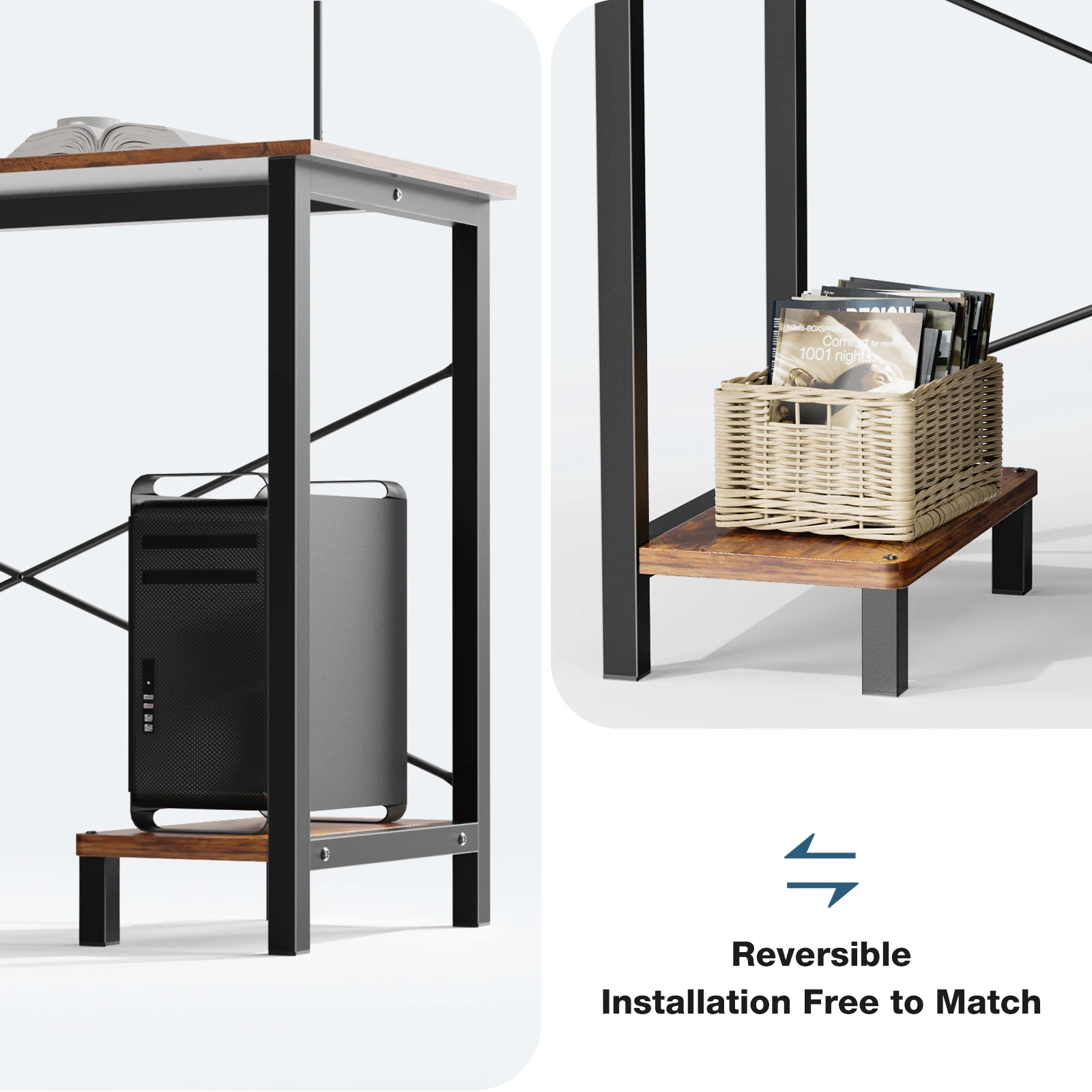 Two-panel view of a metal-frame shelf: left panel shows a desktop tower on a wooden shelf and an open book above it; right panel shows a wicker magazine basket on another shelf. Partial text reads 'Reversible Installation Free to Match'.