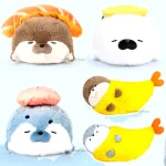 Dropship Cute Sushi Seal Plush Toy Lifelike Stuffed Marine 1 | PricZone Assorted sleepy plush toys a brown and white dog with an orange striped hat a white seal with a yellow hat a blue seal with a pink hat and two yellow banana shaped plushies with brown faces peeking out | PricZone