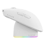 Close up of a white ergonomic computer mouse with two side buttons and a rainbow lit base brand text AZZZ visible | PricZone