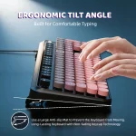 Ergonomic keyboard tilted 15° with hands typing slogan reads ERGONOMIC TILT ANGLE  Built for Comfortable Typing | PricZone