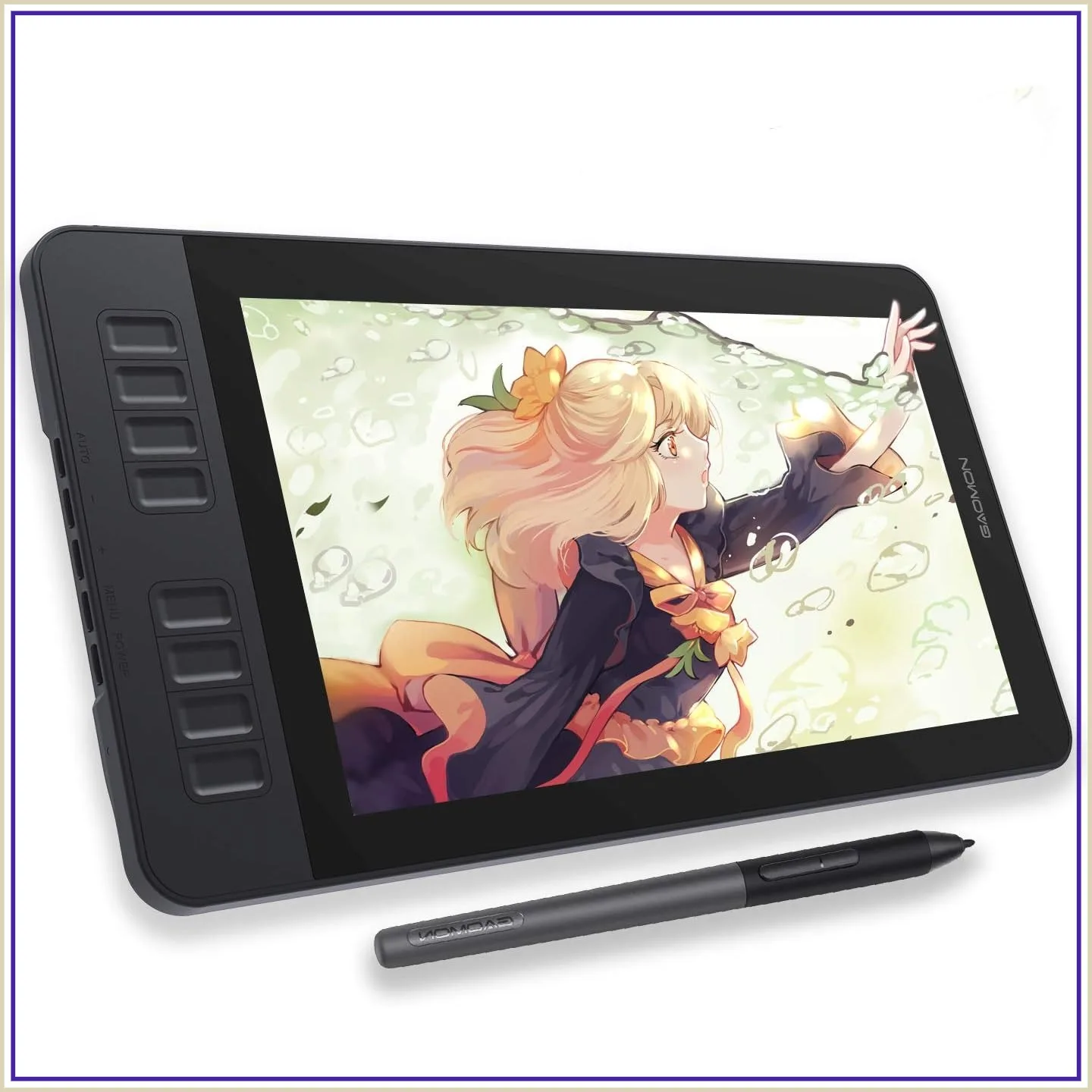 Digital drawing tablet displaying a vibrant anime-style illustration of a blonde girl, with a stylus resting nearby.