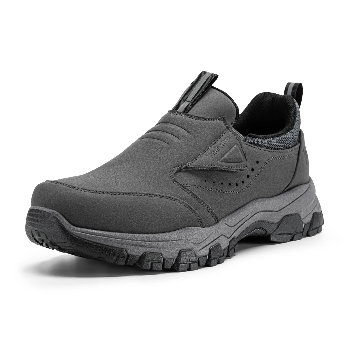 Gray slip-on rugged sneaker with a chunky sole, pull-tab, and padded collar for outdoor use