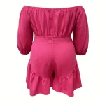 Back view of a bright pink off the shoulder dress with puff sleeves and a tiered ruffle hem | PricZone