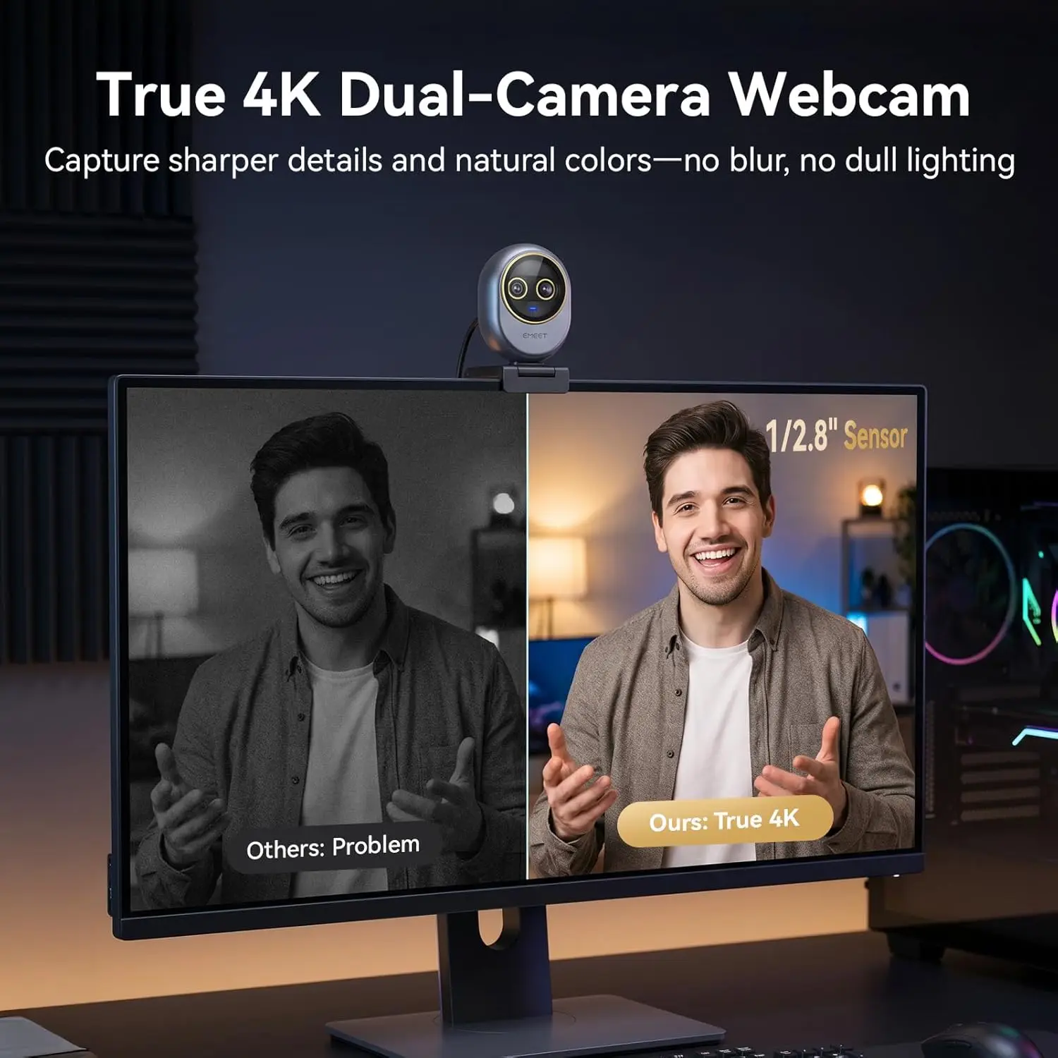 Dual-camera True 4K webcam mounted on a monitor; left panel shows 'Others: Problem' in grayscale, right panel shows 'Ours: True 4K' in color.