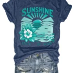 Plus Size Sunshine State Of Mind Flower Tank Top 4 | PricZone Blue heathered T shirt featuring a turquoise sunrise over waves with tropical hibiscus and the text Sunshine State of Mind | PricZone