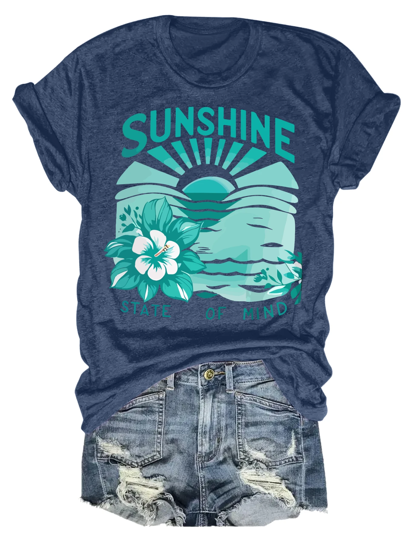 Plus Size Sunshine State Of Mind Flower Tank Top 4 | PricZone Blue heathered T shirt featuring a turquoise sunrise over waves with tropical hibiscus and the text Sunshine State of Mind | PricZone
