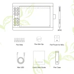 Gaomon M106K Pro 10 Graphics Drawing Tablet with 8192 6 | PricZone Top view of AP32 drawing tablet with left tool panel and pen accessories shown nibs nib clip felt pouch for nibs Mini USB cable Quick Start Guide and Pen Case | PricZone