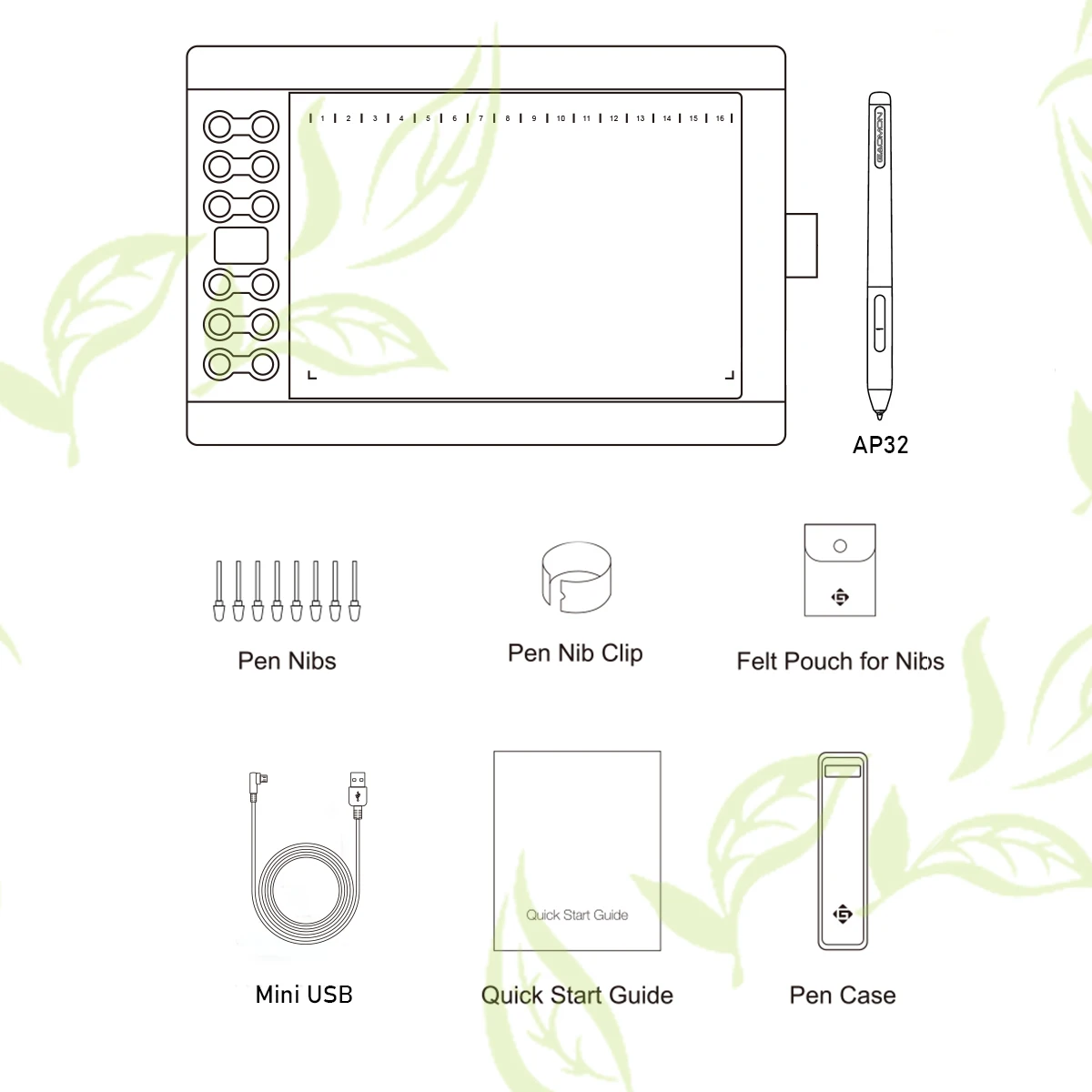 Gaomon M106K Pro 10 Graphics Drawing Tablet with 8192 6 | PricZone Top view of AP32 drawing tablet with left tool panel and pen accessories shown nibs nib clip felt pouch for nibs Mini USB cable Quick Start Guide and Pen Case | PricZone