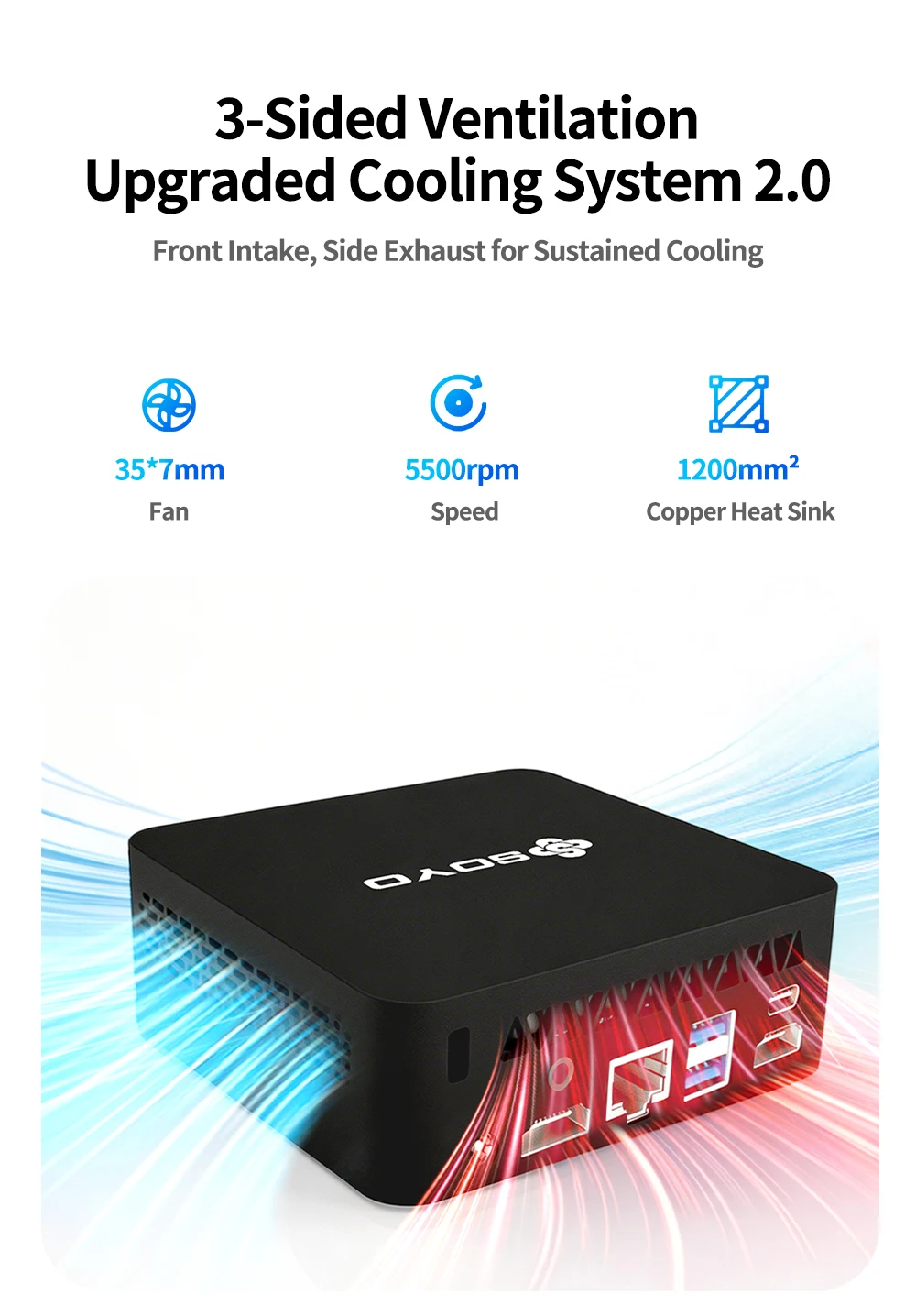Promotional graphic for a 3-Sided Ventilation Upgraded Cooling System 2.0, showing front intake, side exhaust and a black cooling device.