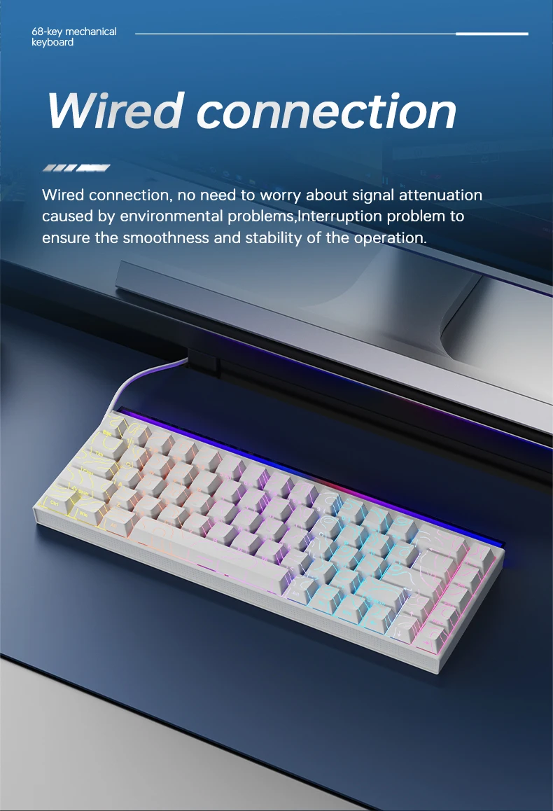 Wired connection: 68-key mechanical keyboard with RGB lighting on a desk, advertised image with a blue gradient background and a monitor in the back.