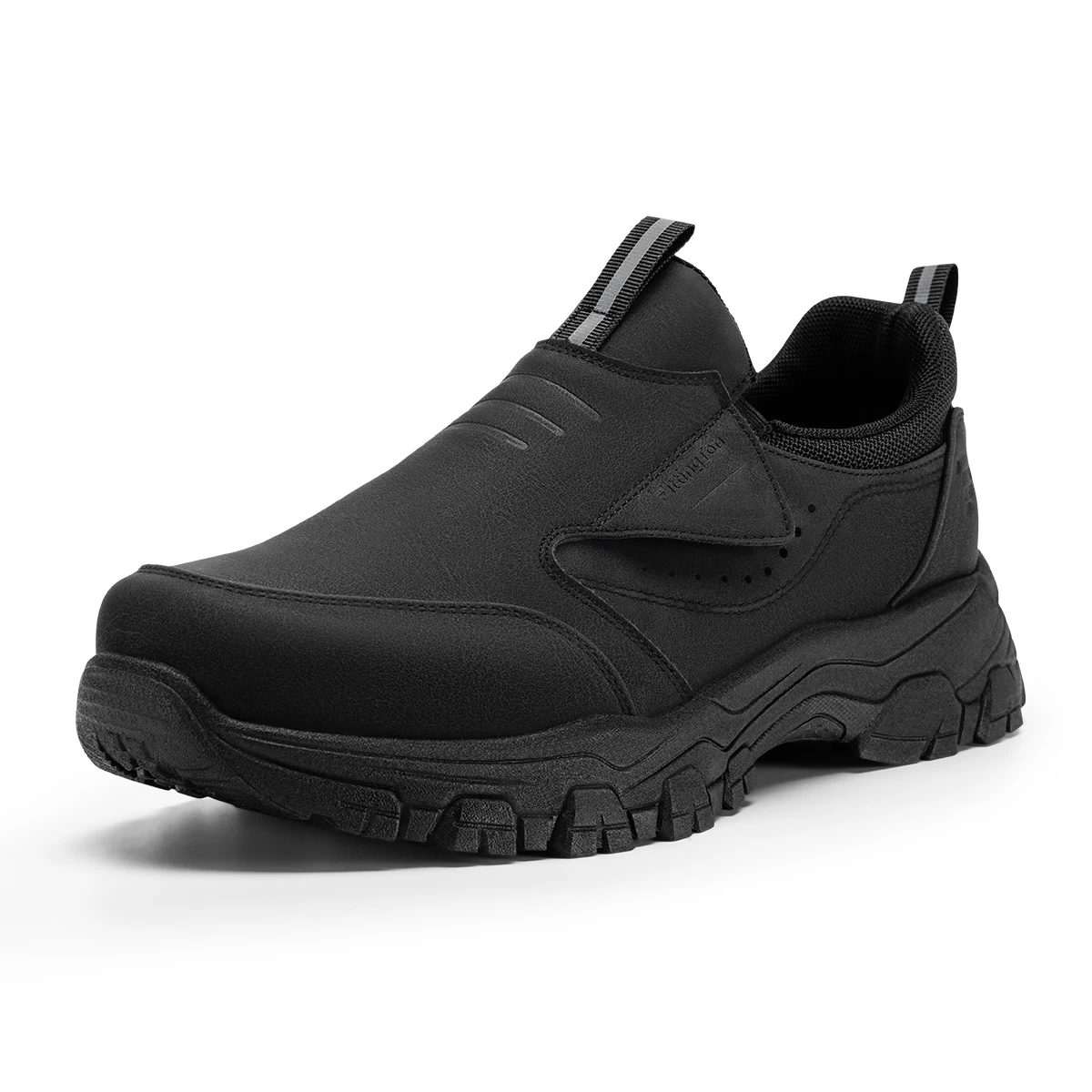 Black slip-on chunky-sole sneaker with pull tabs and subtle stitching details for rugged casual wear.