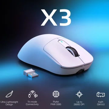 White wireless mouse with USB dongle on a blue gradient background, listing features: Ultra-Lightweight Design, Tri-mode Connectivity, PixArt PAW 3395, Up to 26000 DPI, Kailh GM 8.0