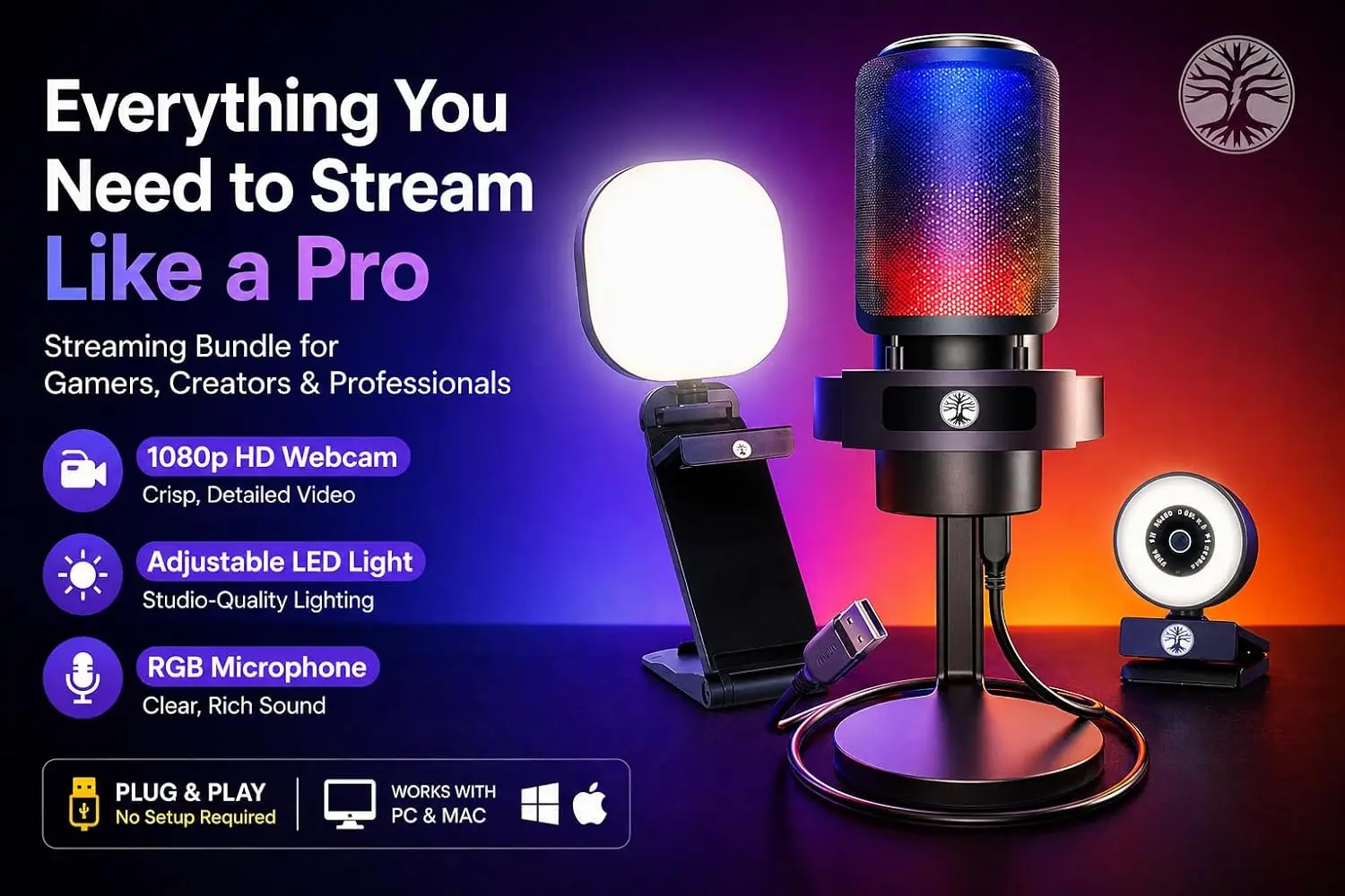 1080P Streaming Kit with Webcam Mic and LED Light 8