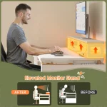 Person sitting at a desk using a computer with a monitor mounted on an elevated stand to raise the screen height Edit side view shows improved ergonomics | PricZone