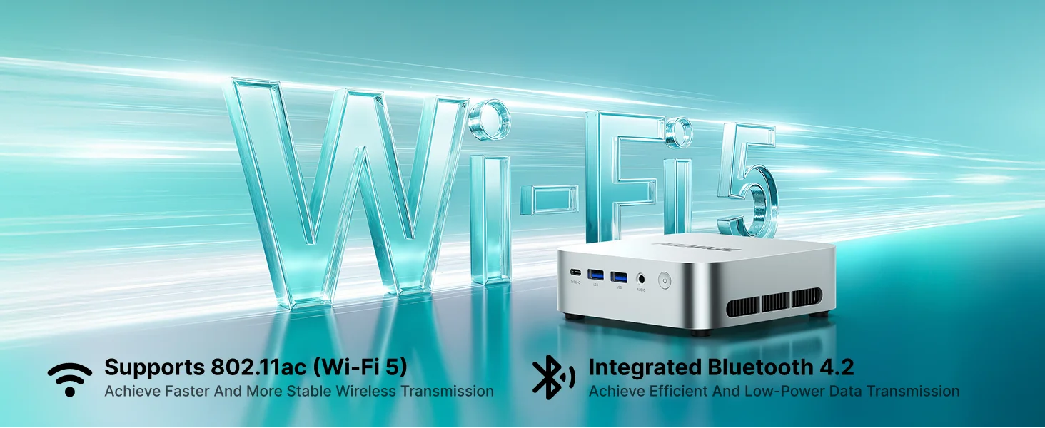 Promotional image of a silver mini PC beside a glowing 'Wi‑Fi 5' text, highlighting 802.11ac (Wi‑Fi 5) and Bluetooth 4.2 features.