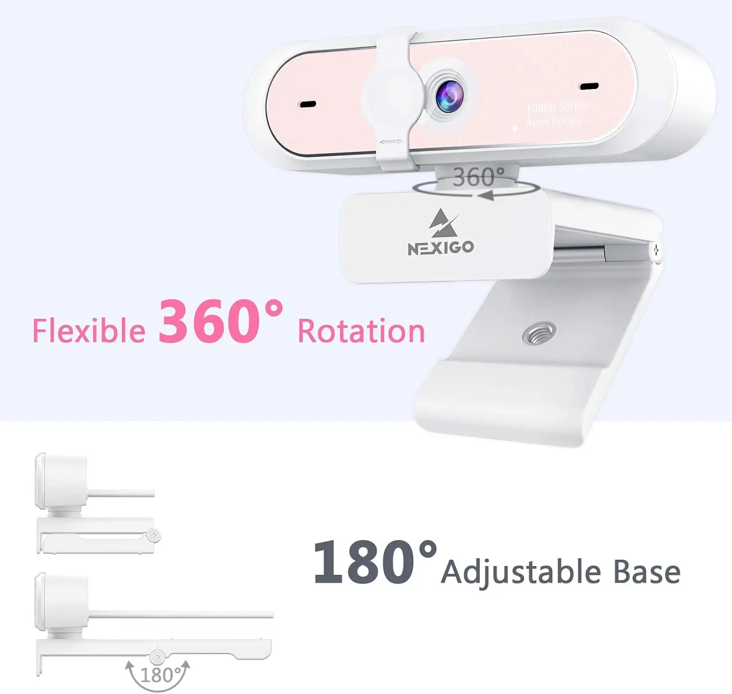 NEXIGO webcam mounted on a swivel arm showing 360° rotation over an adjustable base (180°).