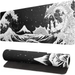 Rolled out yoga mat with a bold black and white artwork of a large wave mountain and a dragon like sea creature under a starry sky | PricZone