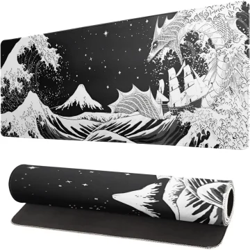 Rolled out yoga mat with a bold black and white artwork of a large wave mountain and a dragon like sea creature under a starry sky | PricZone
