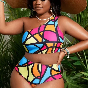 Plus Size Colorful One-Shoulder Swimwear Set for Summer 2