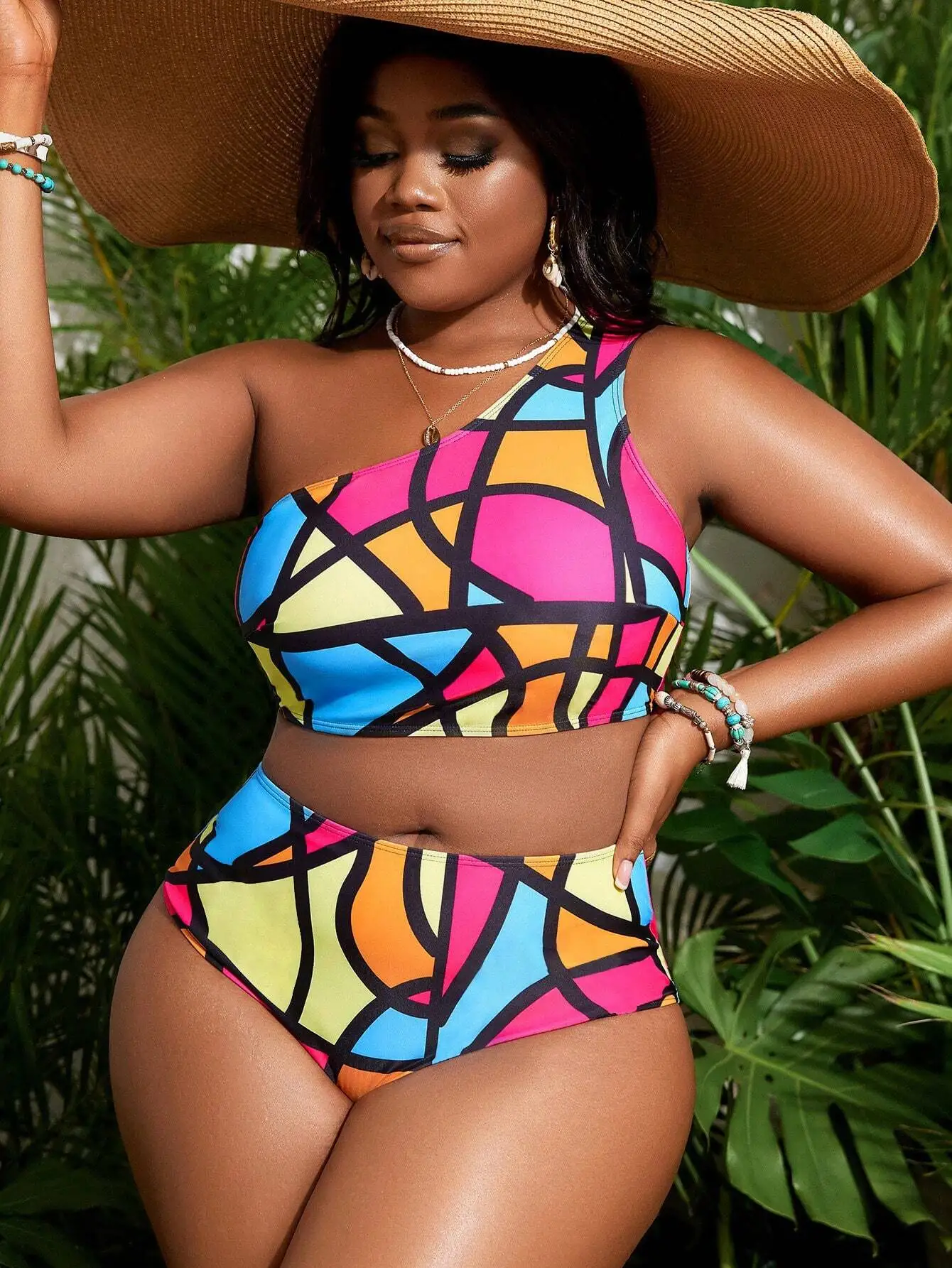 Plus Size Colorful OneShoulder Swimwear Set for Summer 2 | PricZone Plus Size Colorful One Shoulder Swimwear Set for Summer 2 | PricZone