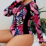 Plus Size Long Sleeve One Piece Swimsuit with Tropical Leaf 2 | PricZone