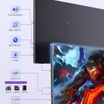 144Hz Portable 25K QLED Monitor for Laptop and Gaming 5 | PricZone Infographic showing device compatibility with icons for speakers menu back button audio USB C ports HDMI and compatible devices Xbox PS45 PC camera | PricZone