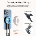 Ulanzi Ma30 Carabiner Phone Tripod for Iphone 15 4 | PricZone Phone mounted on a magnetic grip with a glowing energy ring on an iPhone two accessory cards on the right labeled Portable Video Light and Filter Adapter Ring | PricZone