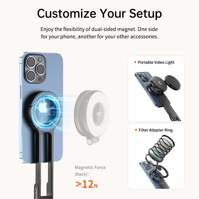 Ulanzi Ma30 Carabiner Phone Tripod for Iphone 15 4 | PricZone Phone mounted on a magnetic grip with a glowing energy ring on an iPhone two accessory cards on the right labeled Portable Video Light and Filter Adapter Ring | PricZone