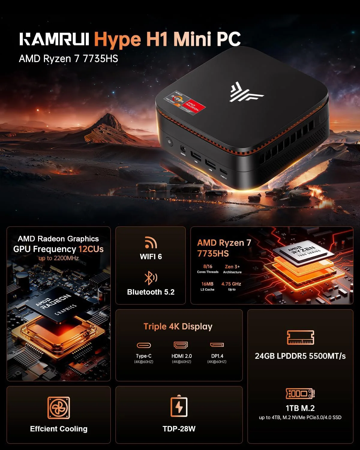 Amd R7 7735Hs 8-Core 24Gb Lpddr5 1Tb SSD Desktop PC 9