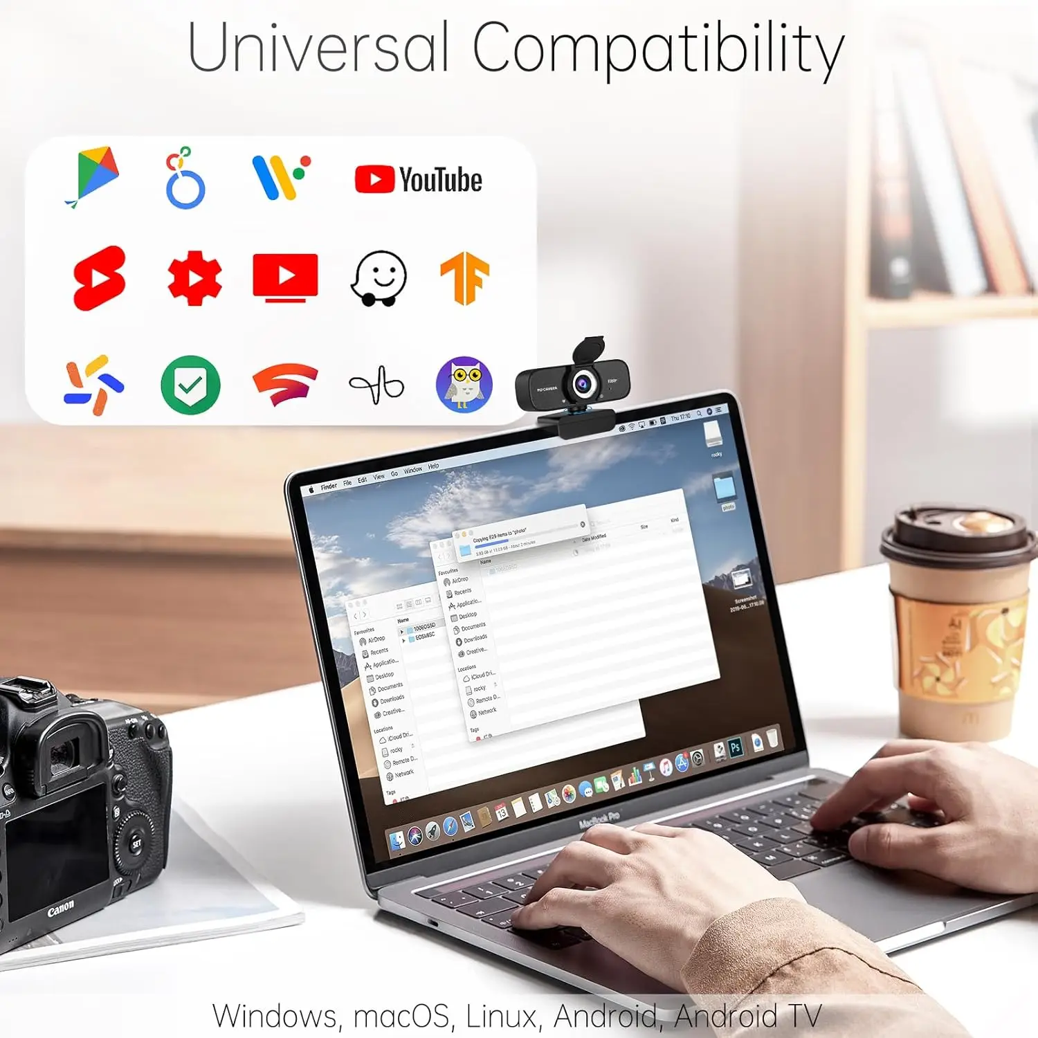 Laptop with a webcam and floating app icons, signaling universal compatibility across platforms.