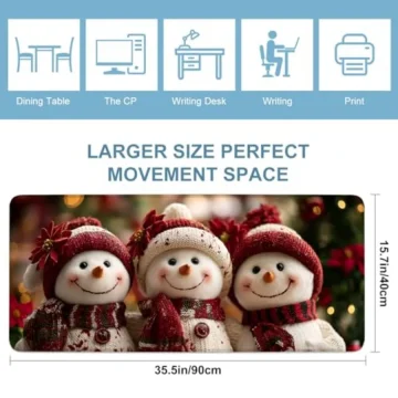 Row of blue icons labeled Dining Table, The CP, Writing Desk, Writing, and Print, then a banner that reads 'LARGER SIZE PERFECT MOVEMENT SPACE' with a photo of three snowmen and size 35.5in/90cm by 15.7in/40cm.