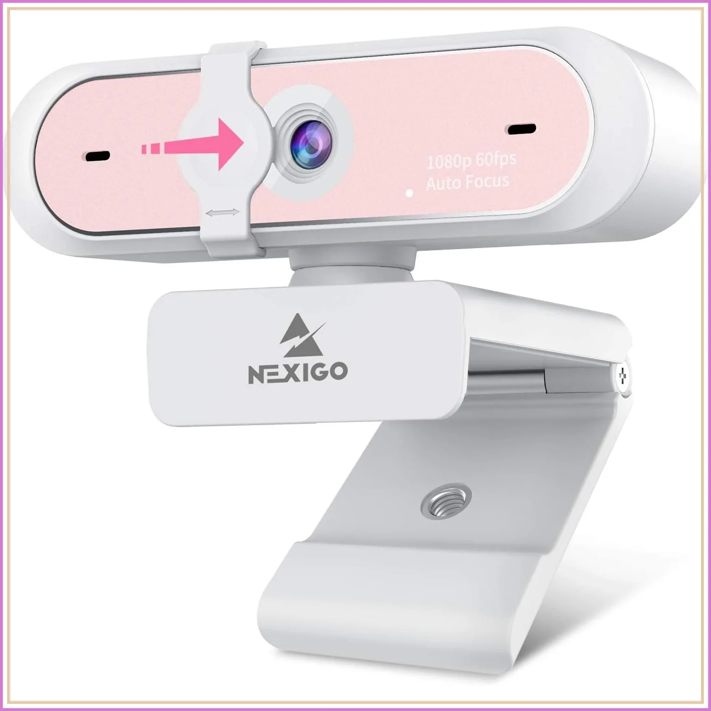Nexigo webcam with pink front panel mounted on a white adjustable mount (high-definition 1080p/60fps, auto focus).