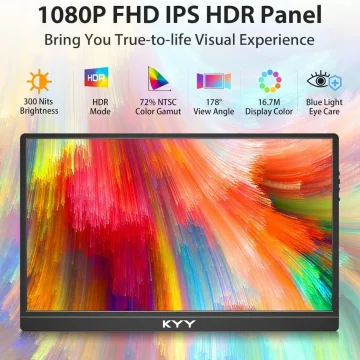 Colorful KYY monitor with feature banner: 1080P FHD IPS HDR Panel and benefits like 300 nits brightness, HDR mode, 72% NTSC color, 178° view angle, 16.7M colors, blue light eye care.
