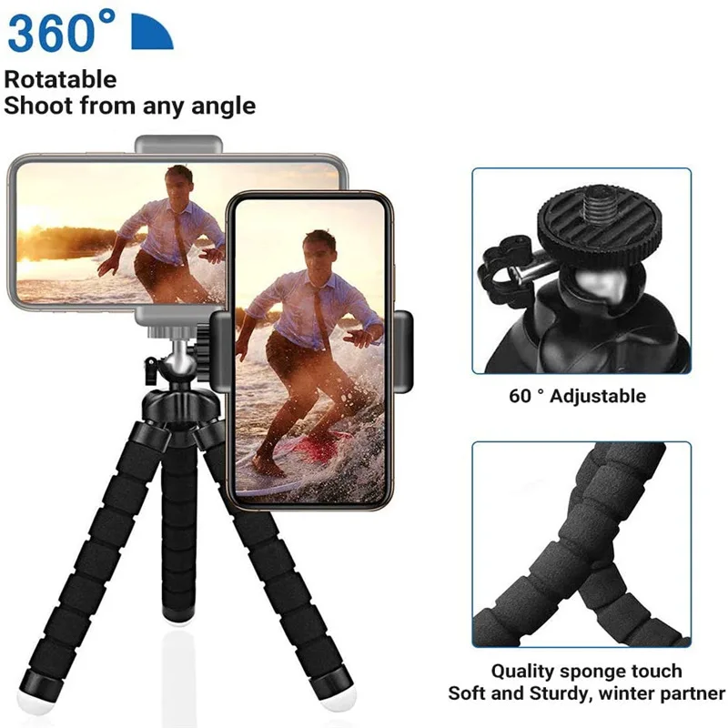 Dual-phone tripod for 360° rotation, holding two smartphones filming a surfer on the beach.