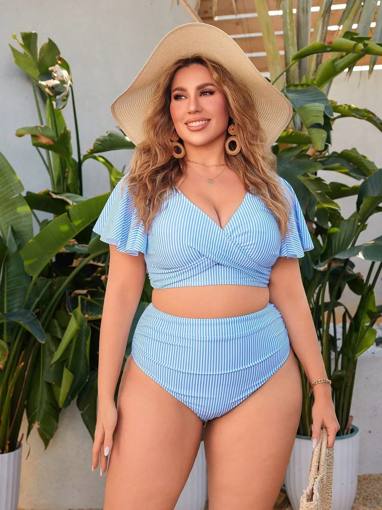 Plus Size Two Piece Swimsuit with Ruffled Sleeves and Cross 5 | PricZone Plus Size Two Piece Swimsuit with Ruffled Sleeves and Cross 5 | PricZone