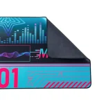 Colorful futuristic desk mat or folder with circuit patterns waveform and the number 01 in bright pink and blue partially folded at the corner | PricZone