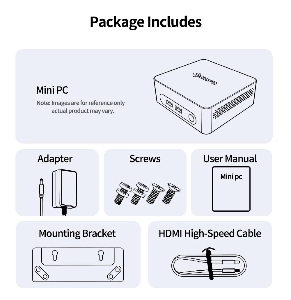 Package includes Mini PC with icons for Adapter, Screws, User Manual, Mounting Bracket, and HDMI cable.