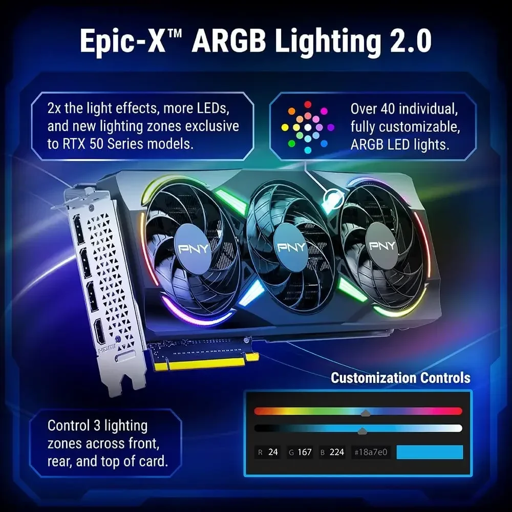 Triple-fan graphics card with ARGB lighting and a color customization panel showing 3 lighting zones and 40+ colors.