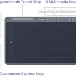 10X6 Inch Graphics Drawing Tablet with BatteryFree Stylus 2 | PricZone Diagram of a drawing tablet with a programmable touch strip 8 multimedia keys and 10 express keys along the left edge labeled controls at top | PricZone