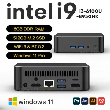 Compact mini PC with Intel i9 branding shows 16GB DDR RAM 512GB M2 SSD WiFi 6  BT 52 and Windows 11 Pro text | PricZone